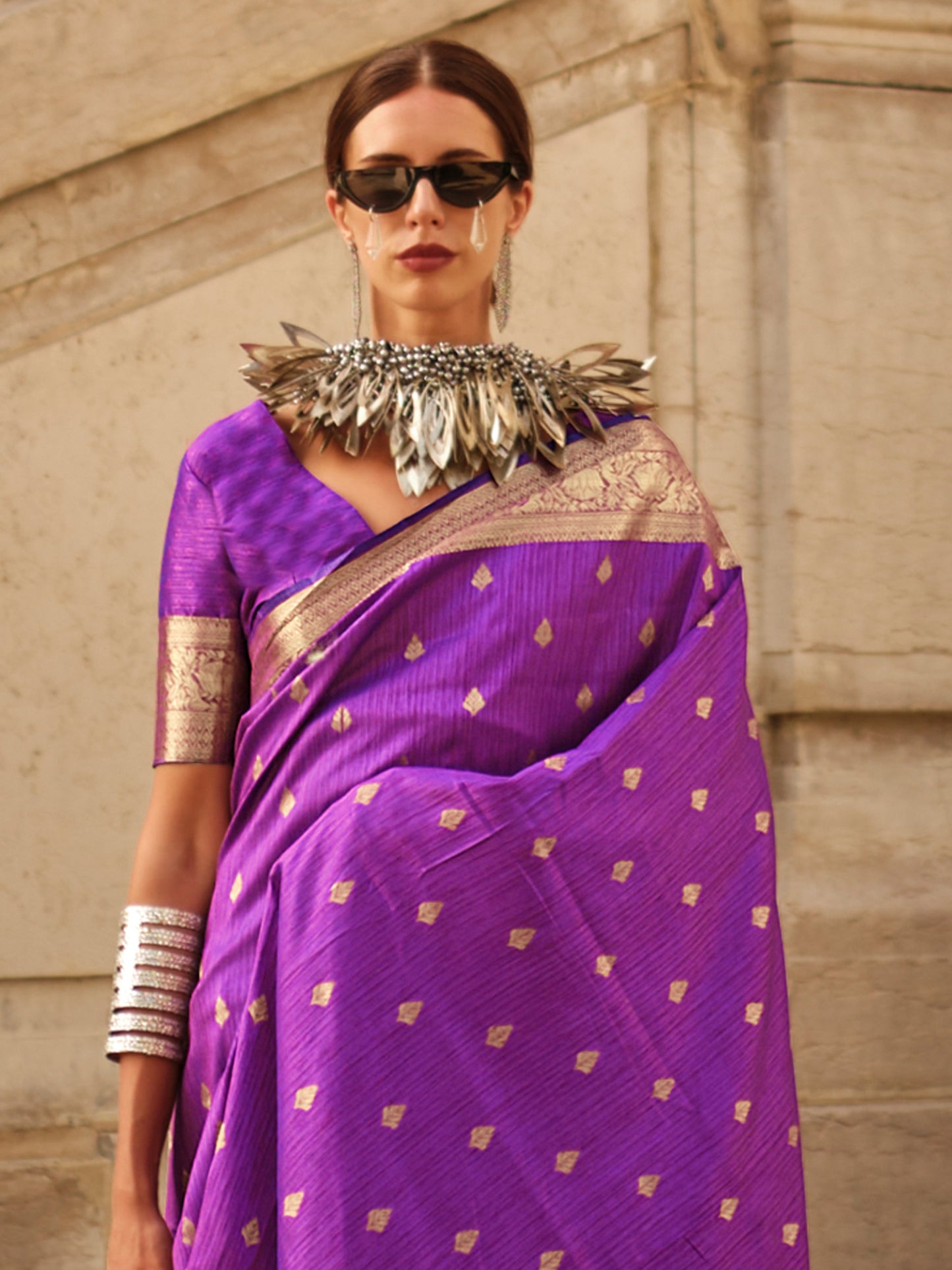 Women's Silk Blend Purple Woven Design Designer Saree With Blouse Piece