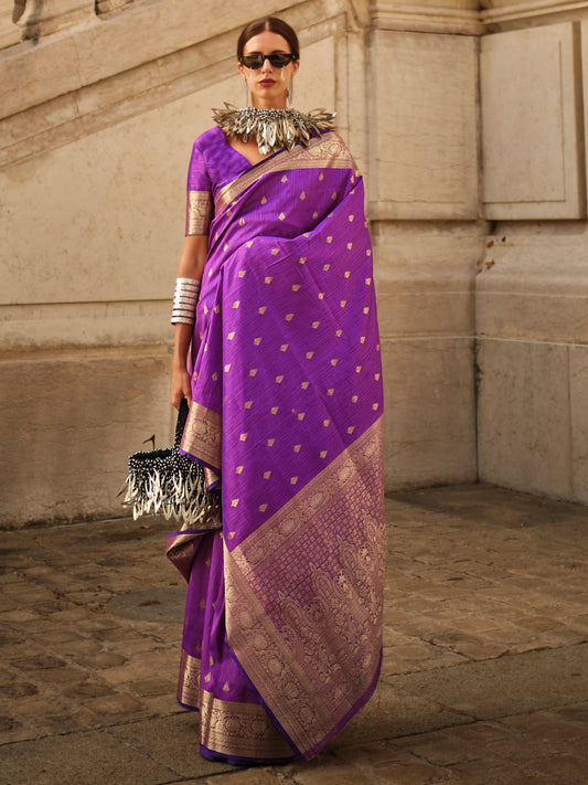 Women's Silk Blend Purple Woven Design Designer Saree With Blouse Piece