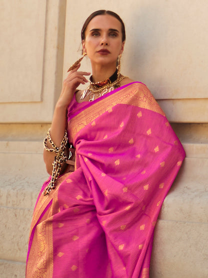 Women's Silk Blend Pink Woven Design Designer Saree With Blouse Piece