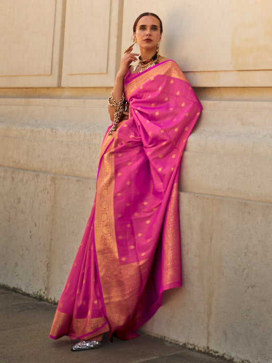 Women's Silk Blend Pink Woven Design Designer Saree With Blouse Piece