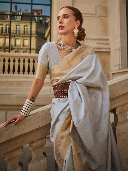 Women's Silk Blend Grey Woven Design Designer Saree With Blouse Piece