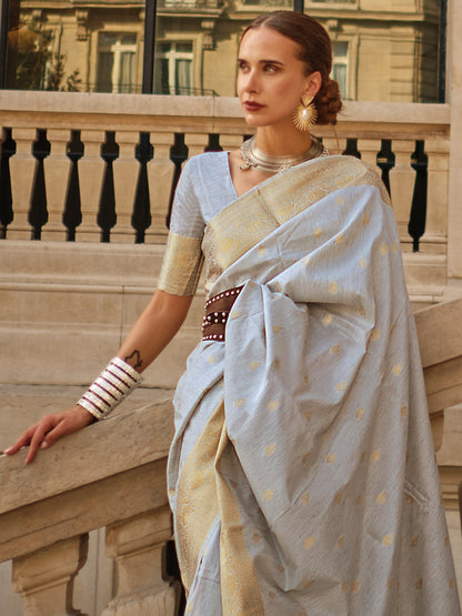 Women's Silk Blend Grey Woven Design Designer Saree With Blouse Piece