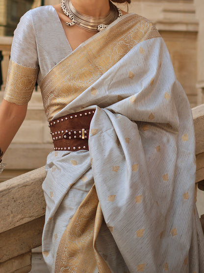Women's Silk Blend Grey Woven Design Designer Saree With Blouse Piece