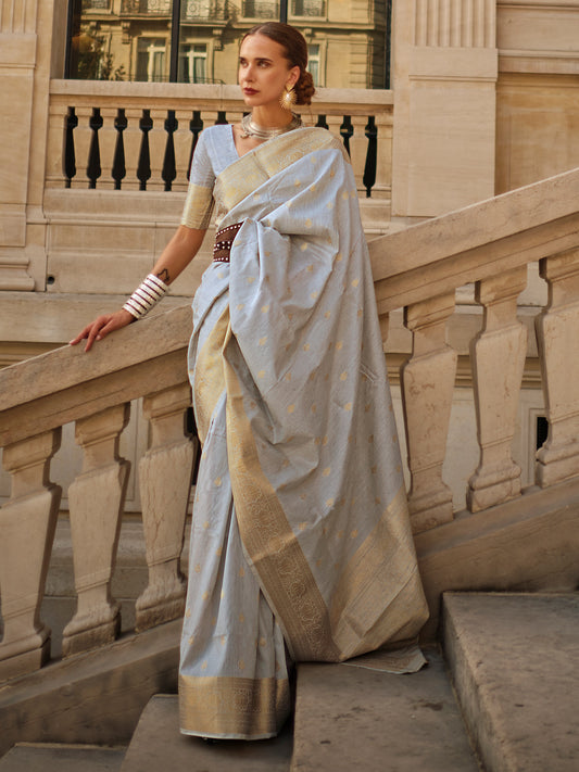 Women's Silk Blend Grey Woven Design Designer Saree With Blouse Piece