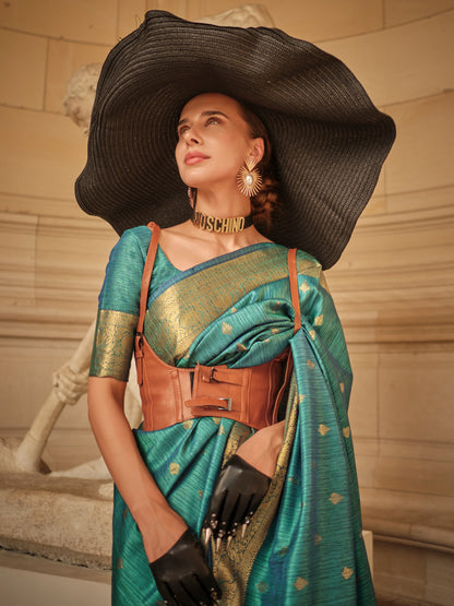 Women's Silk Blend Teal blue Woven Design Designer Saree With Blouse Piece