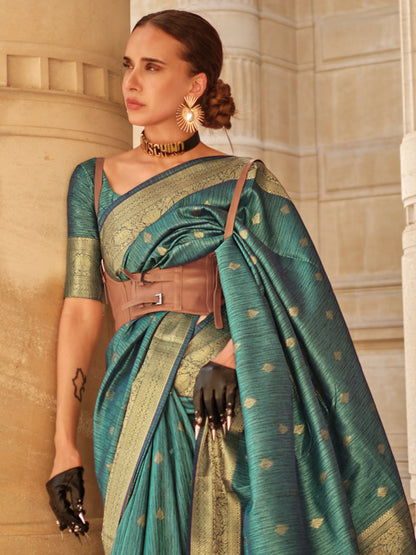 Women's Silk Blend Teal blue Woven Design Designer Saree With Blouse Piece