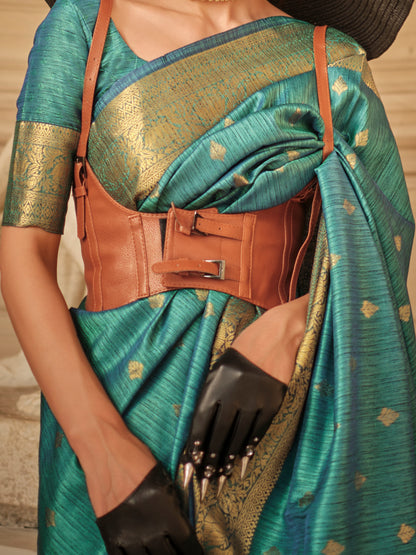 Women's Silk Blend Teal blue Woven Design Designer Saree With Blouse Piece