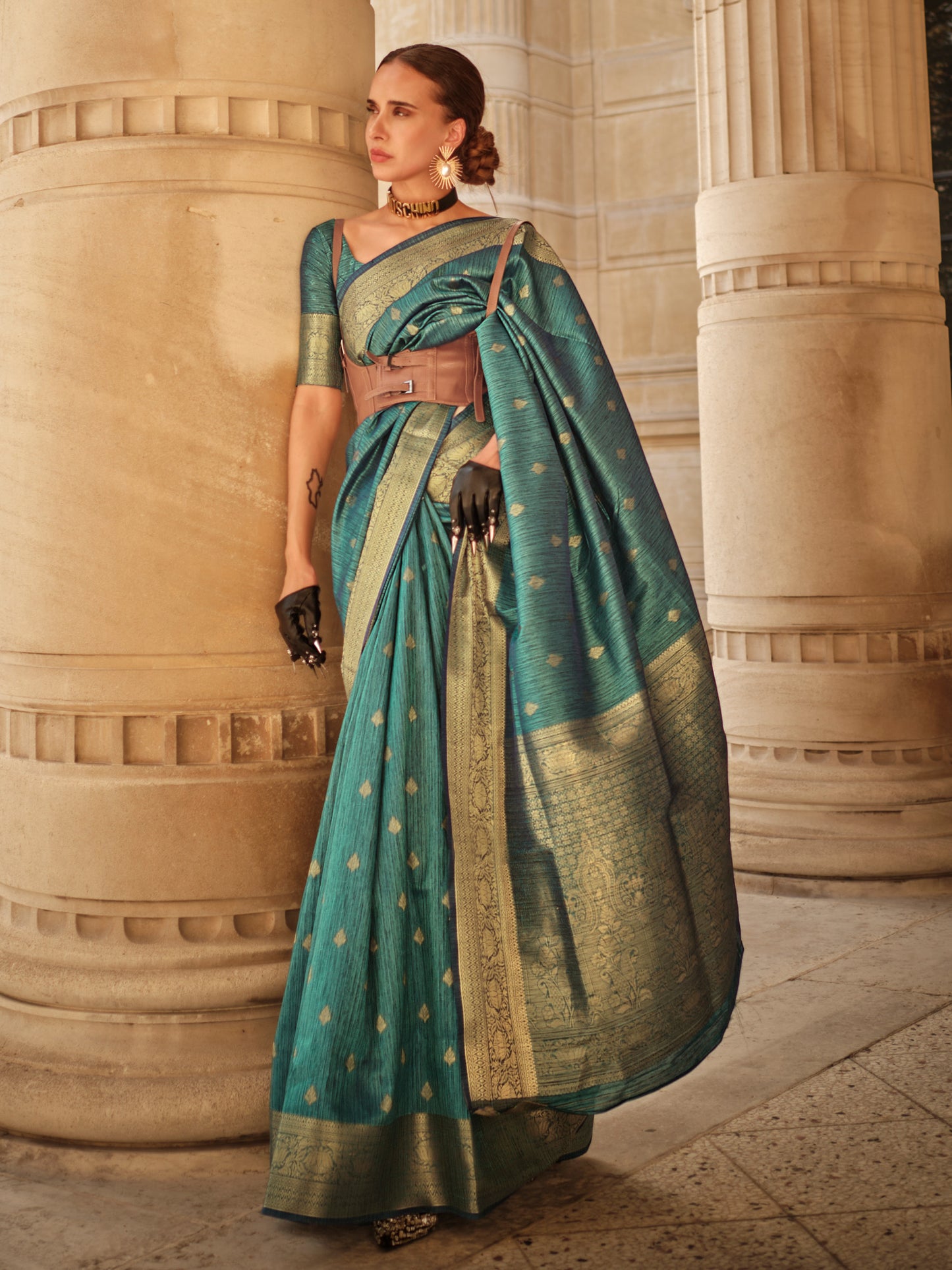 Women's Silk Blend Teal blue Woven Design Designer Saree With Blouse Piece