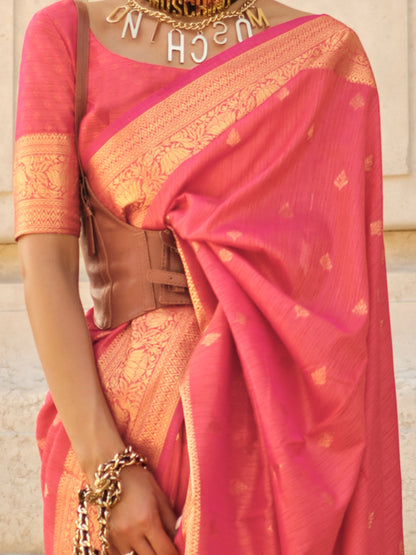 Women's Silk Blend Pink Woven Design Designer Saree With Blouse Piece
