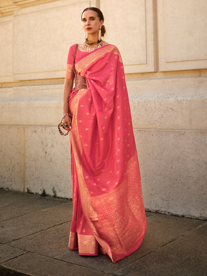 Women's Silk Blend Pink Woven Design Designer Saree With Blouse Piece