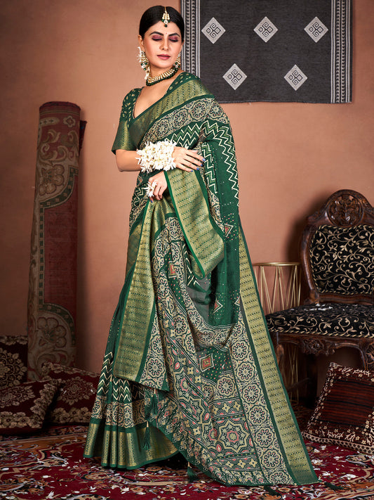 Women's Silk Blend Green Embroidered Designer Saree With Blouse Piece