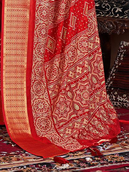 Women's Silk Blend Red Embroidered Designer Saree With Blouse Piece
