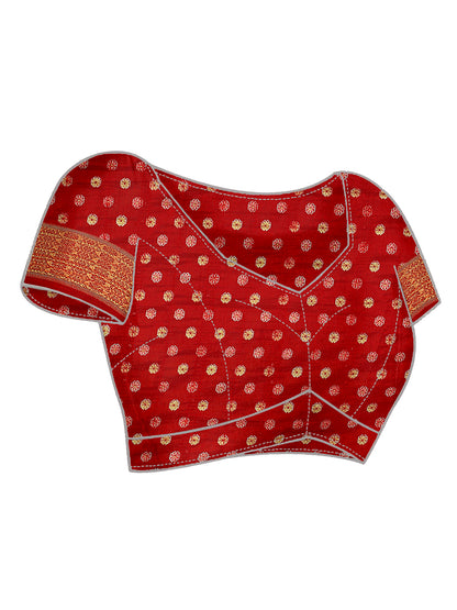Women's Silk Blend Red Embroidered Designer Saree With Blouse Piece