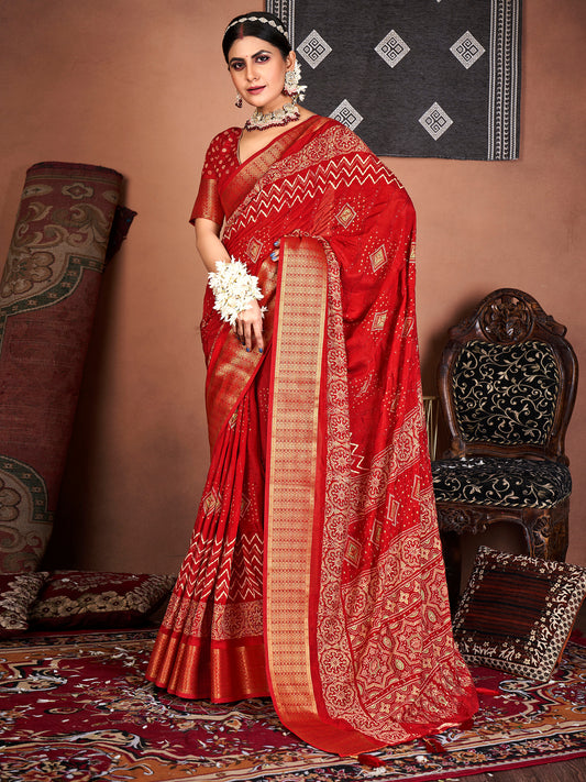 Women's Silk Blend Red Embroidered Designer Saree With Blouse Piece