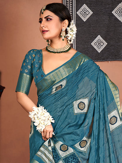 Women's Silk Blend Teal blue Embroidered Designer Saree With Blouse Piece