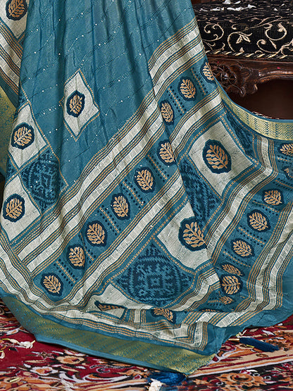 Women's Silk Blend Teal blue Embroidered Designer Saree With Blouse Piece