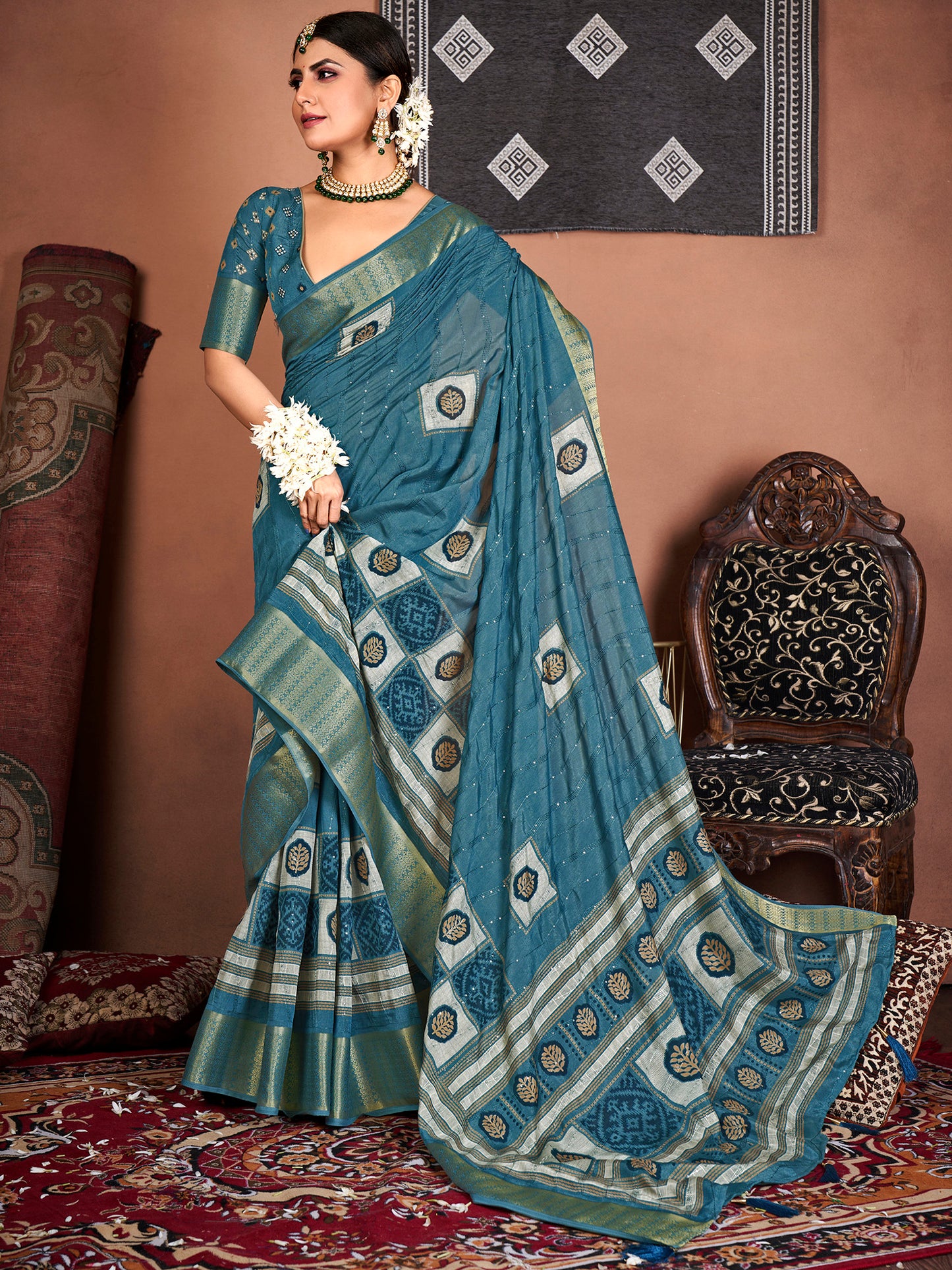Women's Silk Blend Teal blue Embroidered Designer Saree With Blouse Piece