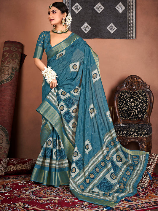 Women's Silk Blend Teal blue Embroidered Designer Saree With Blouse Piece