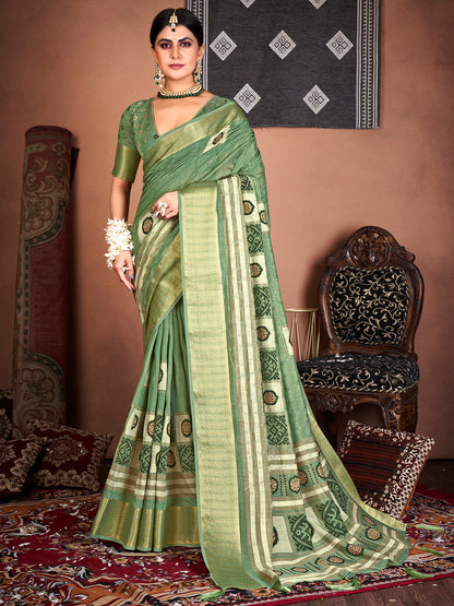 Women's Silk Blend Green Embroidered Designer Saree With Blouse Piece