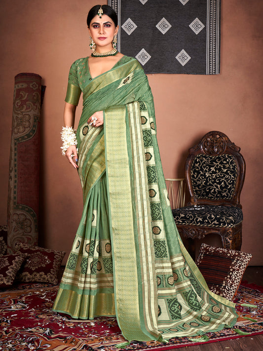 Women's Silk Blend Green Embroidered Designer Saree With Blouse Piece
