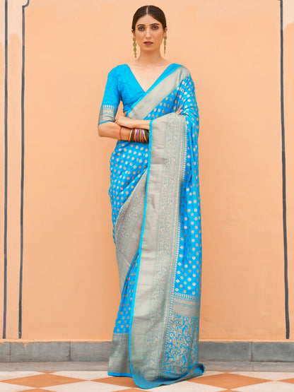 Women's Nylon Turquoise Woven Design Handloom Saree With Blouse Piece