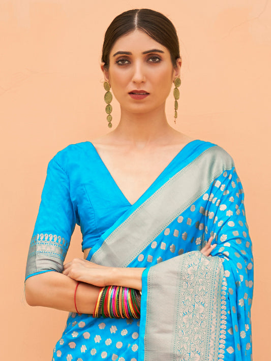 Women's Nylon Turquoise Woven Design Handloom Saree With Blouse Piece