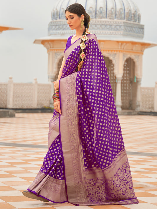 Women's Nylon Violet Woven Design Handloom Saree With Blouse Piece