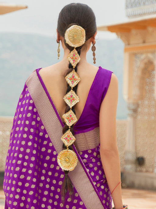 Women's Nylon Violet Woven Design Handloom Saree With Blouse Piece