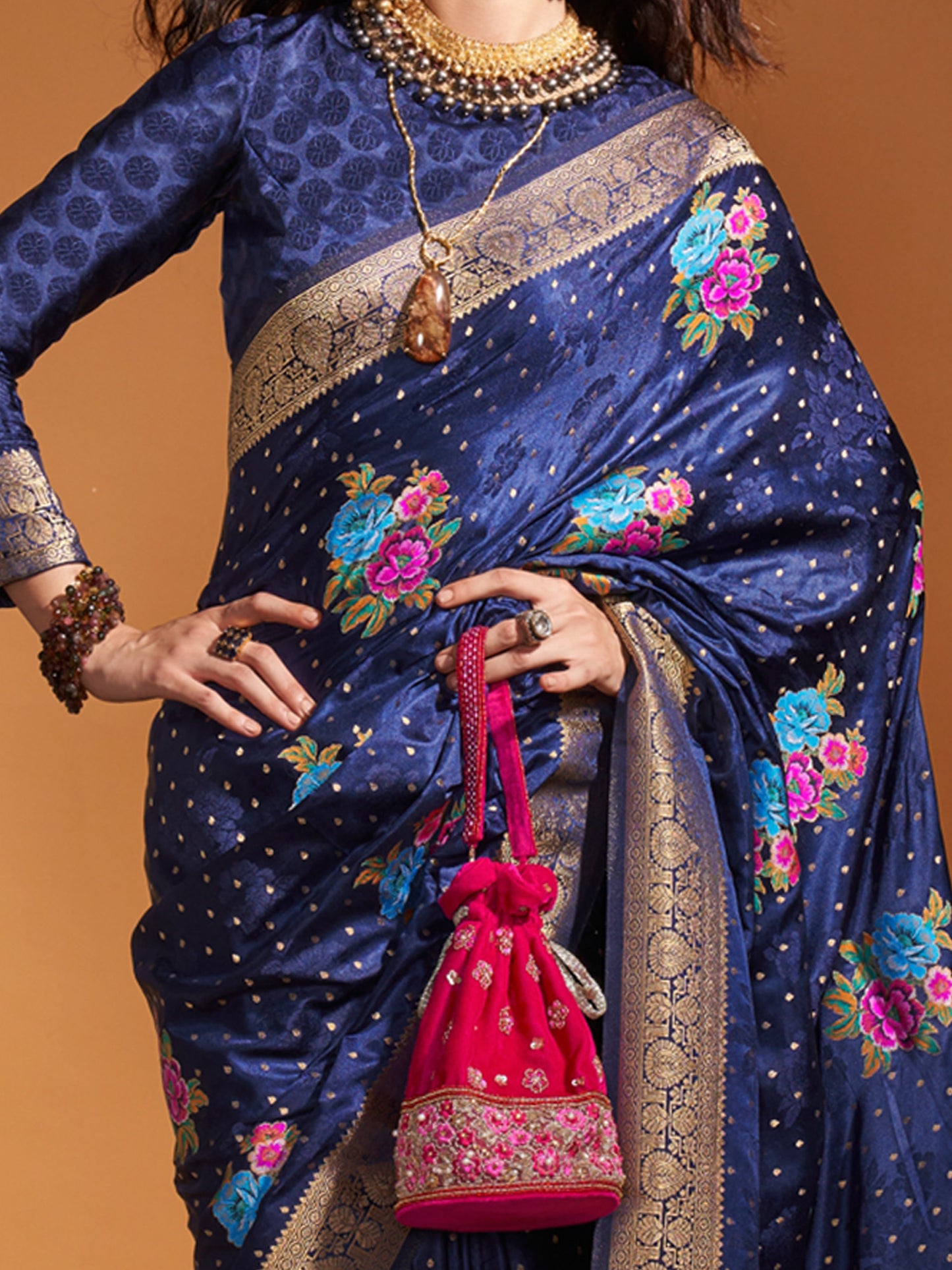 Women's Satin Silk Navy Blue Woven Design Designer Saree With Blouse Piece