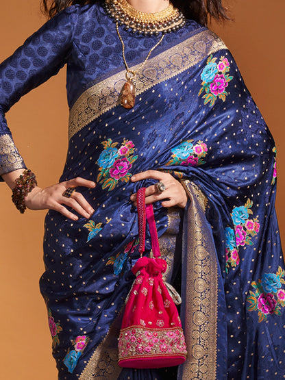 Women's Satin Silk Navy Blue Woven Design Designer Saree With Blouse Piece