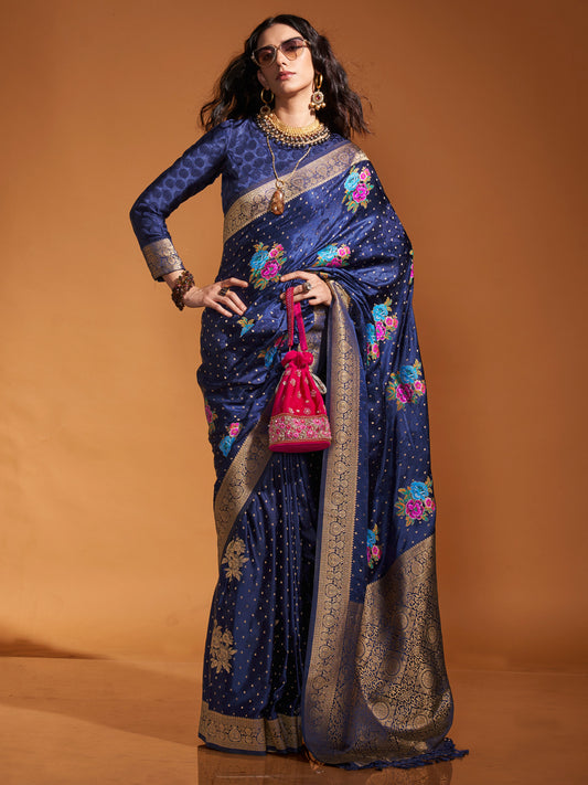 Women's Satin Silk Navy Blue Woven Design Designer Saree With Blouse Piece