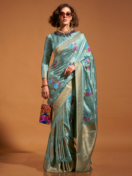Women's Satin Silk Light Blue Woven Design Designer Saree With Blouse Piece