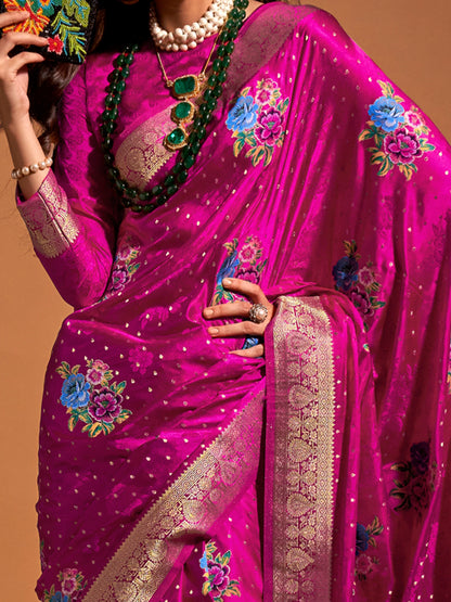 Women's Satin Silk Pink Woven Design Designer Saree With Blouse Piece