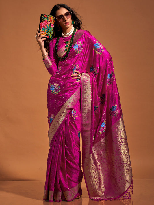 Women's Satin Silk Pink Woven Design Designer Saree With Blouse Piece