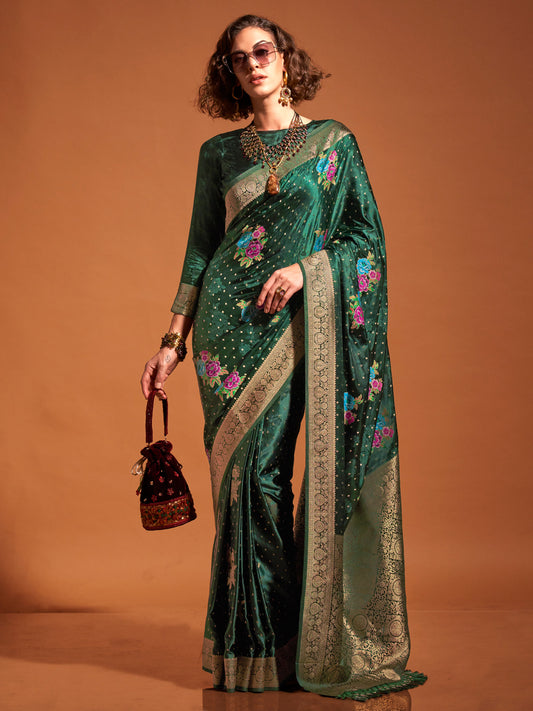 Women's Satin Silk Dark Green Woven Design Designer Saree With Blouse Piece
