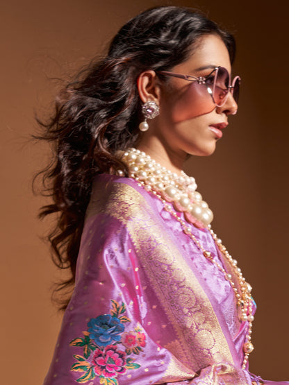 Women's Satin Silk Mauve Woven Design Designer Saree With Blouse Piece