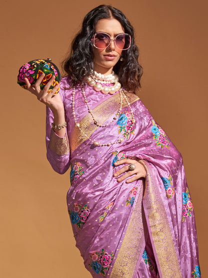 Women's Satin Silk Mauve Woven Design Designer Saree With Blouse Piece