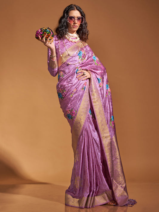 Women's Satin Silk Mauve Woven Design Designer Saree With Blouse Piece