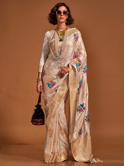 Women's Satin Silk Cream Woven Design Designer Saree With Blouse Piece