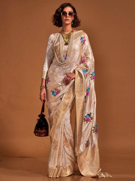 Women's Satin Silk Cream Woven Design Designer Saree With Blouse Piece