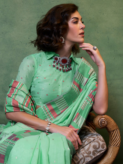 Women's Silk Blend Sea Green Woven Design Designer Saree With Blouse Piece