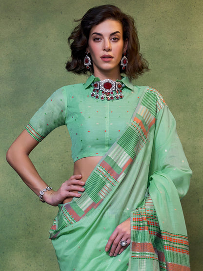 Women's Silk Blend Sea Green Woven Design Designer Saree With Blouse Piece