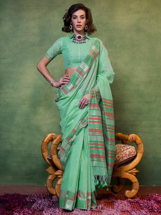 Women's Silk Blend Sea Green Woven Design Designer Saree With Blouse Piece
