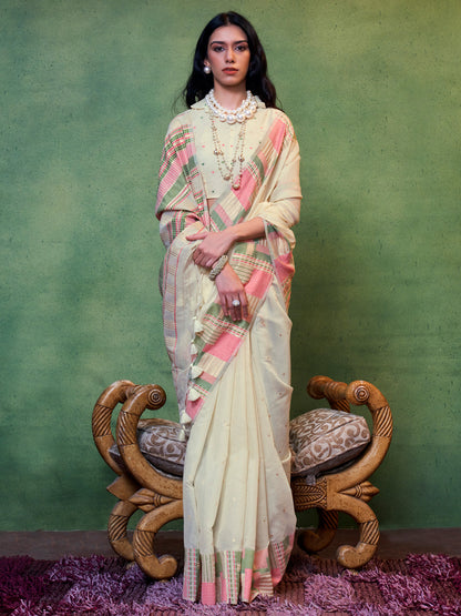 Women's Silk Blend Cream Woven Design Designer Saree With Blouse Piece