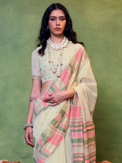 Women's Silk Blend Cream Woven Design Designer Saree With Blouse Piece