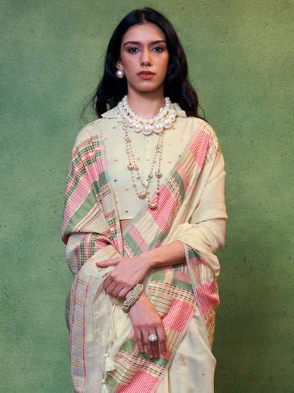 Women's Silk Blend Cream Woven Design Designer Saree With Blouse Piece