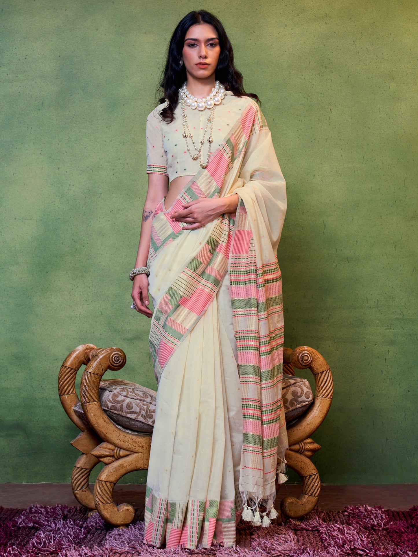 Women's Silk Blend Cream Woven Design Designer Saree With Blouse Piece