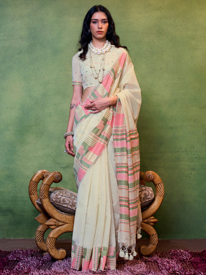 Women's Silk Blend Cream Woven Design Designer Saree With Blouse Piece