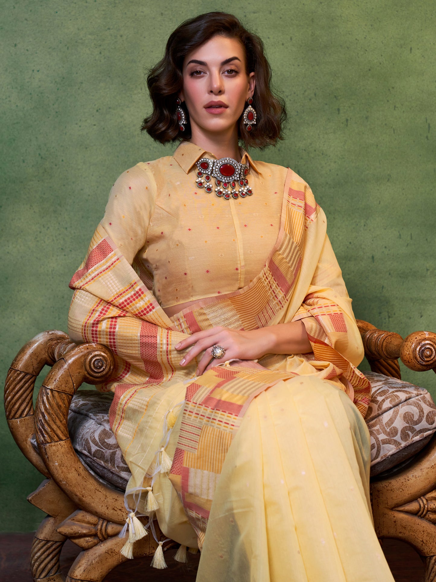 Women's Silk Blend Yellow Woven Design Designer Saree With Blouse Piece