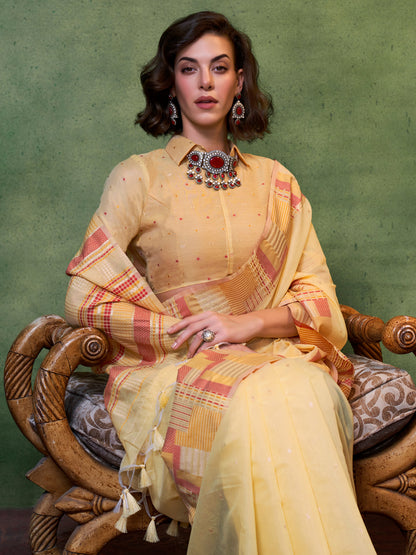 Women's Silk Blend Yellow Woven Design Designer Saree With Blouse Piece